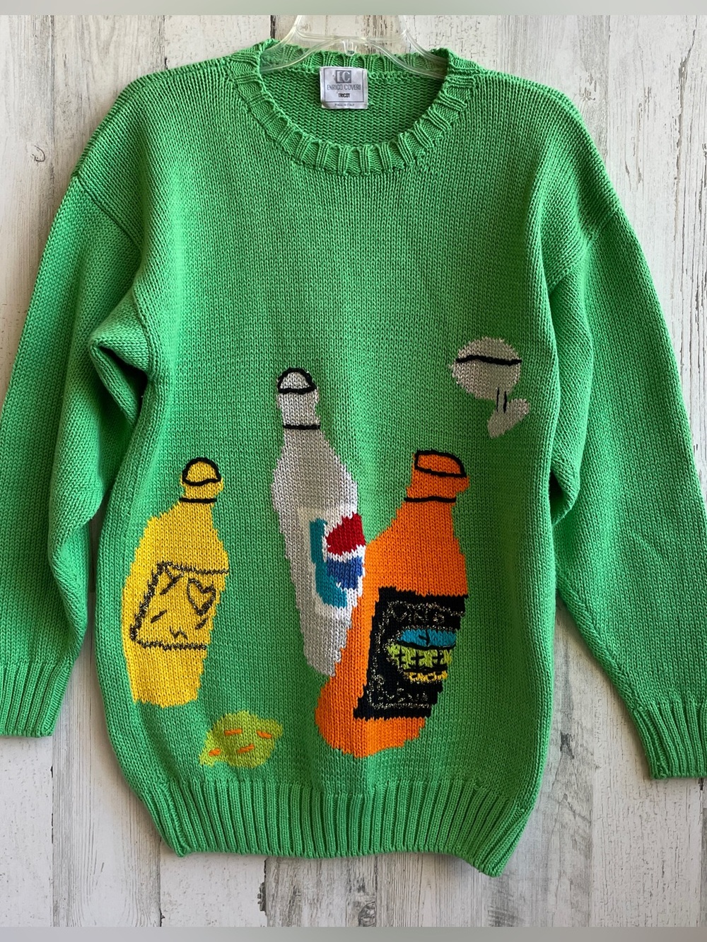 Italian Vintage Green Crewneck Sweater, 3 Bottles Sparkly Thread SZ L EUC Unisex
